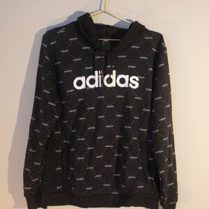 NWT Adidas Hooded Sweatshirt Women XL Black White Allover Spellout Print Hoodie